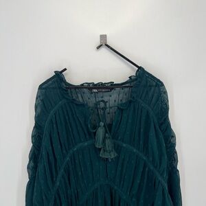 Zara Flowy Tiered Front Tie Tassel Swiss Dot Babydoll Sheer Sleeve Mini Dress